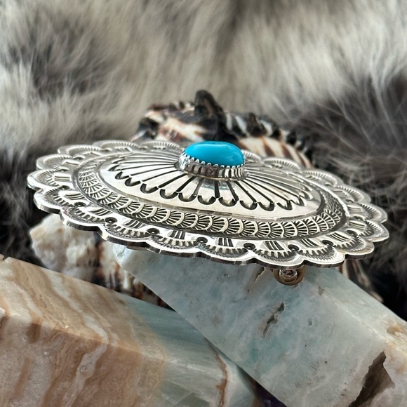Turquoise native Concho sterling silver belt buckle NEW - Picture 3 of 8